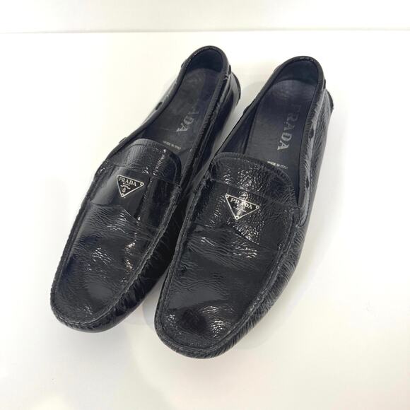 PRADA Black Patent Leather Silver Triangle Logo Driving Loafer 10 Moccasin Shoes main image 6